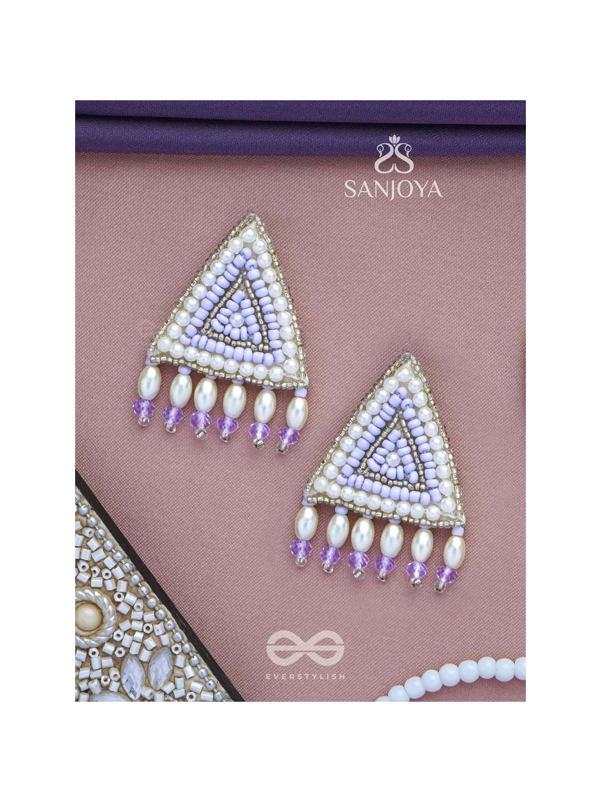 Suchyagra- The Eternal Pyramid- Pearls, Beads and Glass Beads Embroidered Earrings (Orchid Purple)