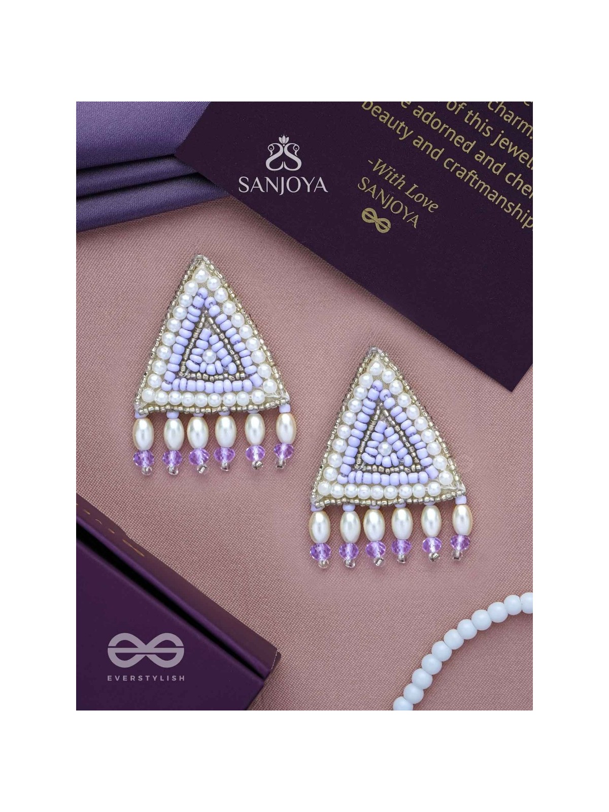 Suchyagra- The Eternal Pyramid- Pearls, Beads and Glass Beads Embroidered Earrings (Orchid Purple)