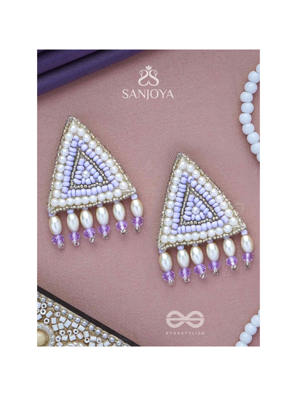 Suchyagra- The Eternal Pyramid- Pearls, Beads and Glass Beads Embroidered Earrings (Orchid Purple)