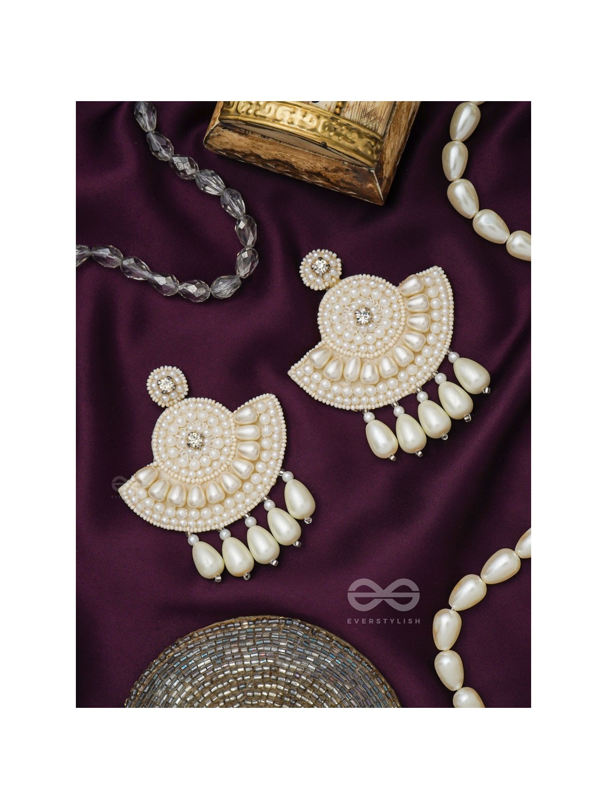 SURAMYA- THE PICTURESQUE CRESCENT- WHITE BEADS AND STONE EMBROIDERED EARRINGS