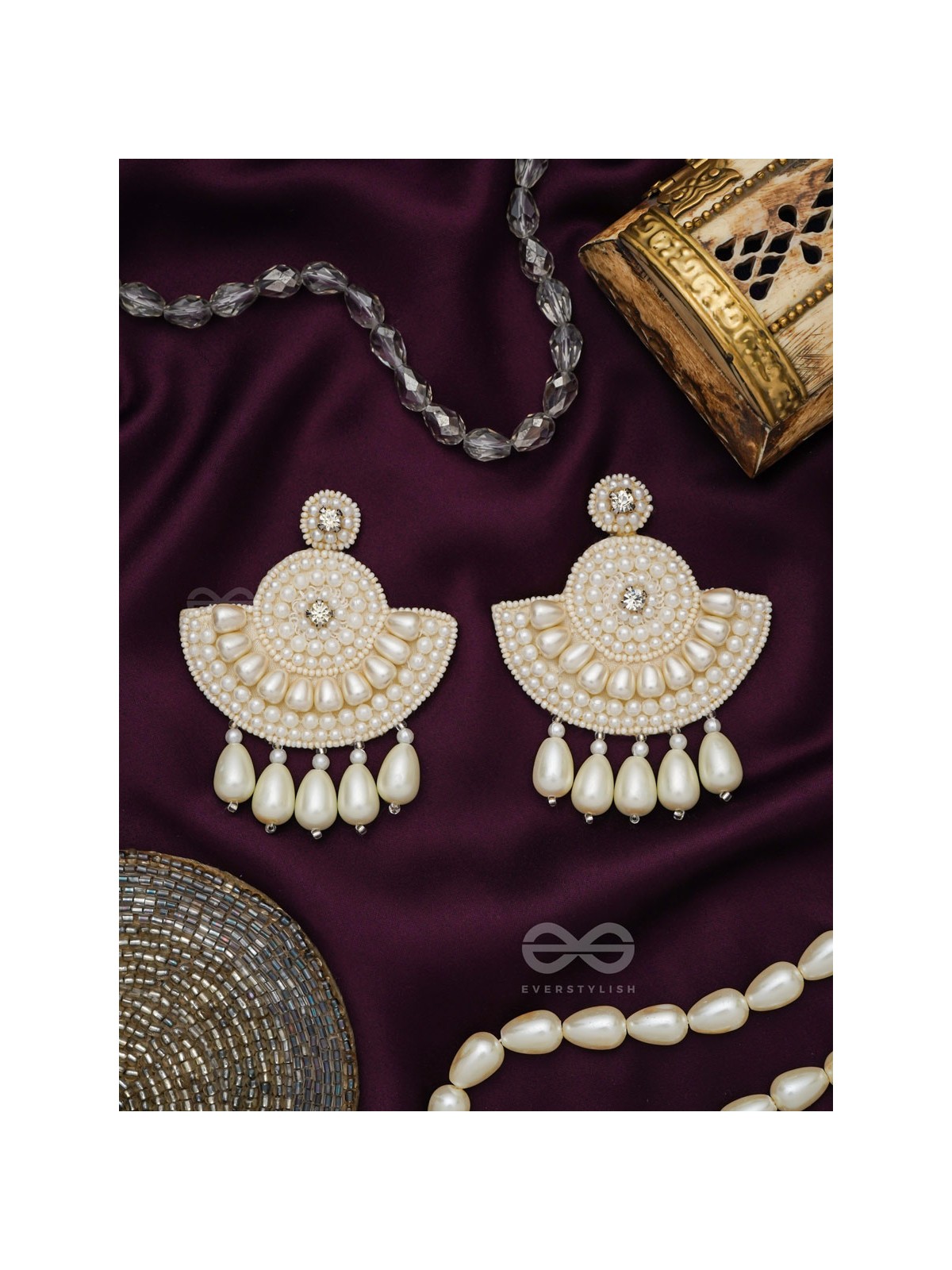 SURAMYA- THE PICTURESQUE CRESCENT- WHITE BEADS AND STONE EMBROIDERED EARRINGS