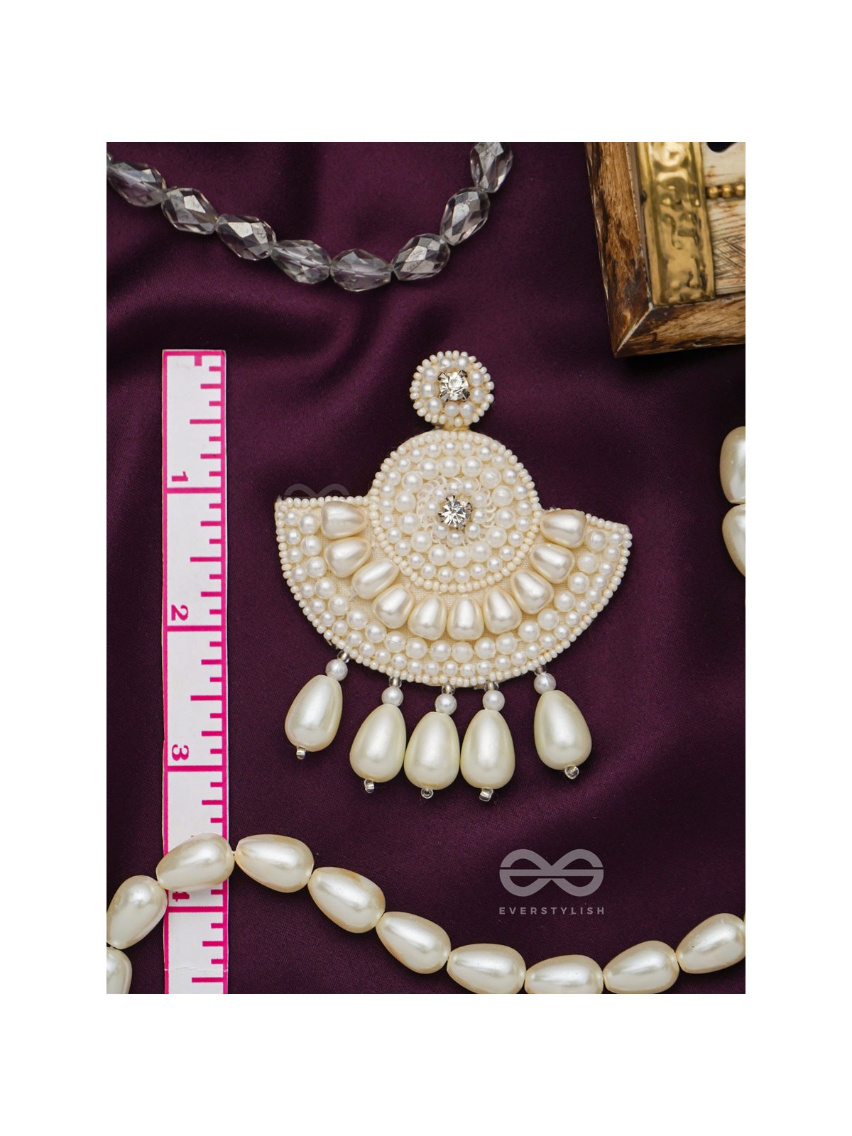 SURAMYA- THE PICTURESQUE CRESCENT- WHITE BEADS AND STONE EMBROIDERED EARRINGS