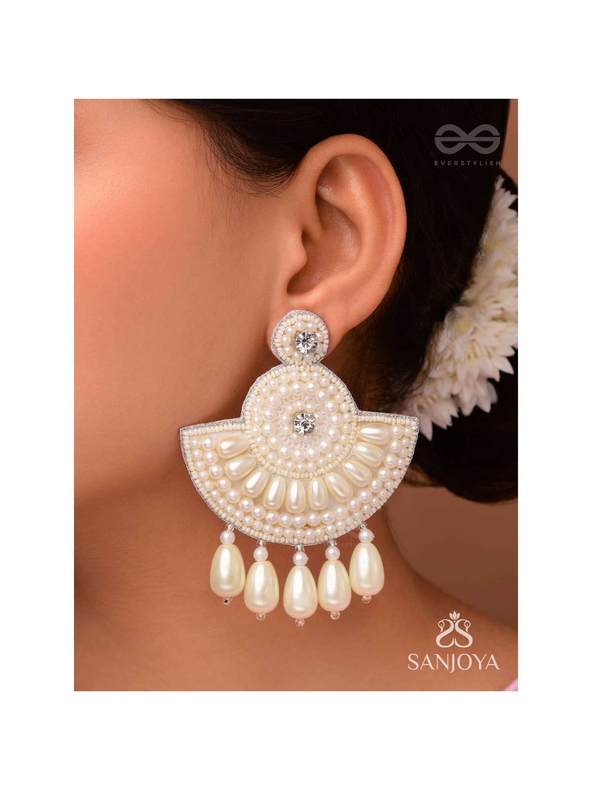 SURAMYA- THE PICTURESQUE CRESCENT- WHITE BEADS AND STONE EMBROIDERED EARRINGS