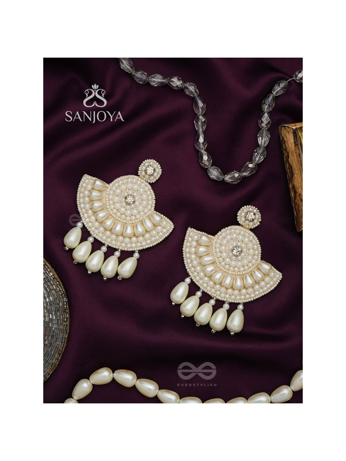 SURAMYA- THE PICTURESQUE CRESCENT- WHITE BEADS AND STONE EMBROIDERED EARRINGS