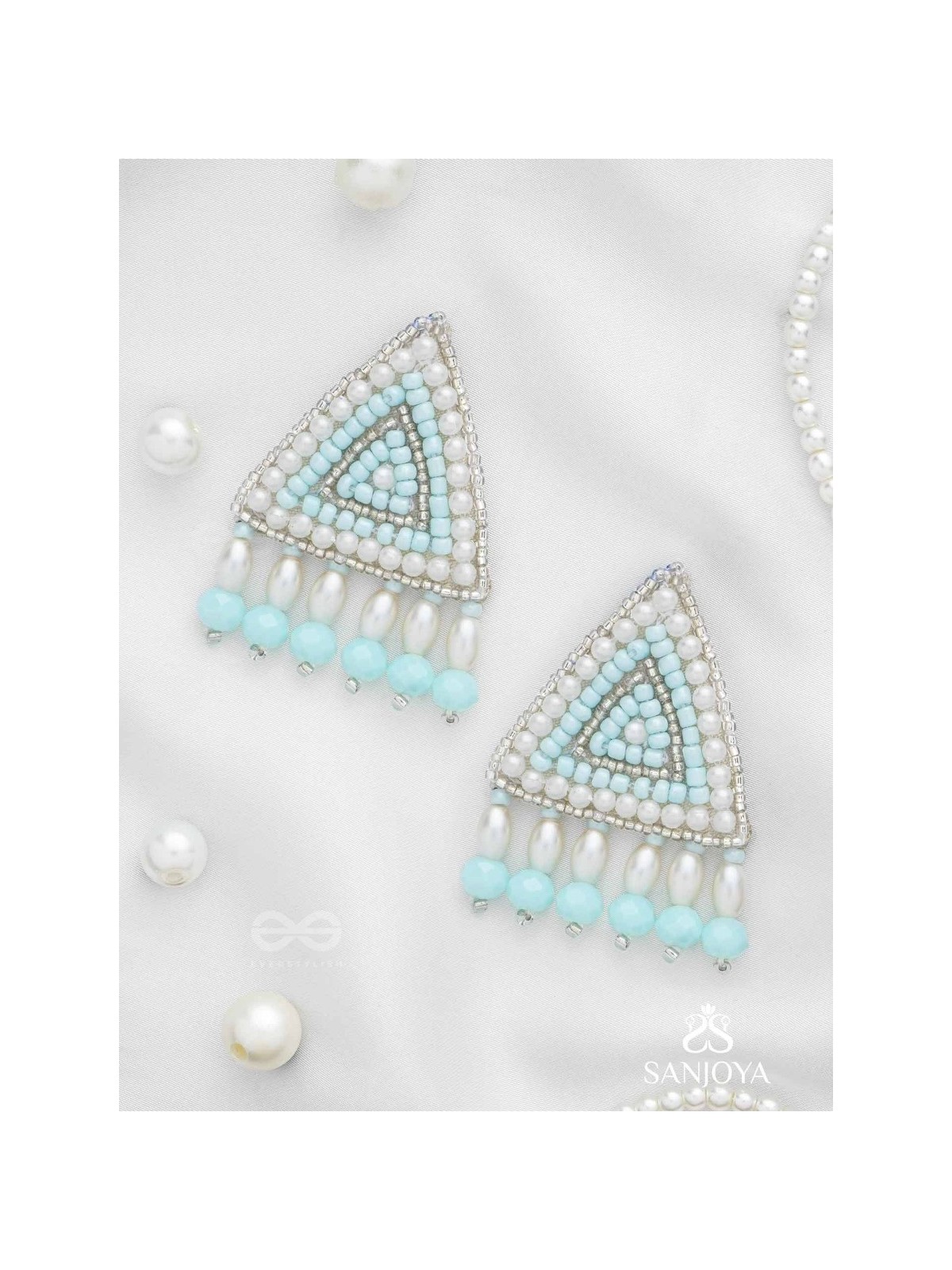 Suchyagra- The Eternal Pyramid-  Pearls, Beads and Glass Beads Embroidered Earrings (Sky Blue)