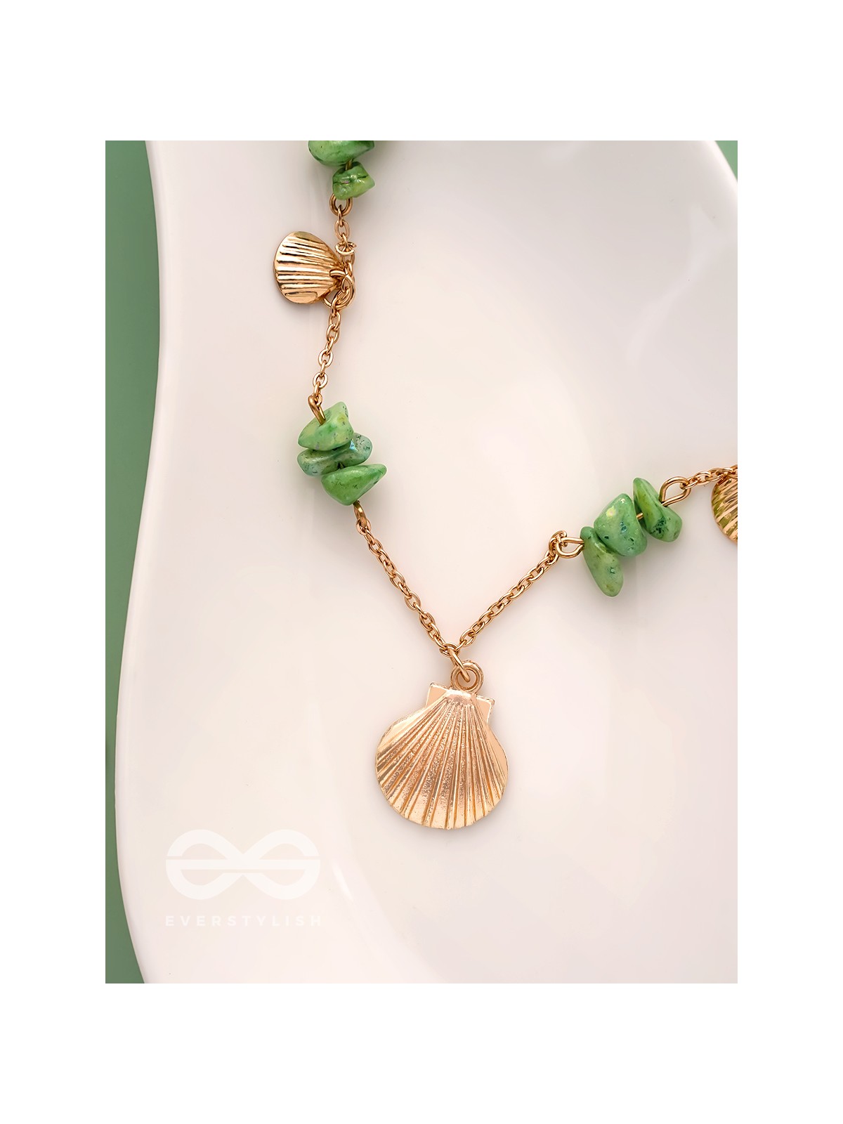 Shells N Pebbles- Golden And Olive Green Stone Necklace With Anti-Tarnish Coating 