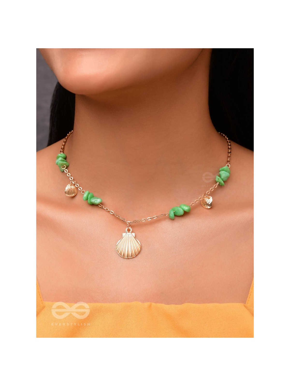 Shells N Pebbles- Golden And Olive Green Stone Necklace With Anti-Tarnish Coating 