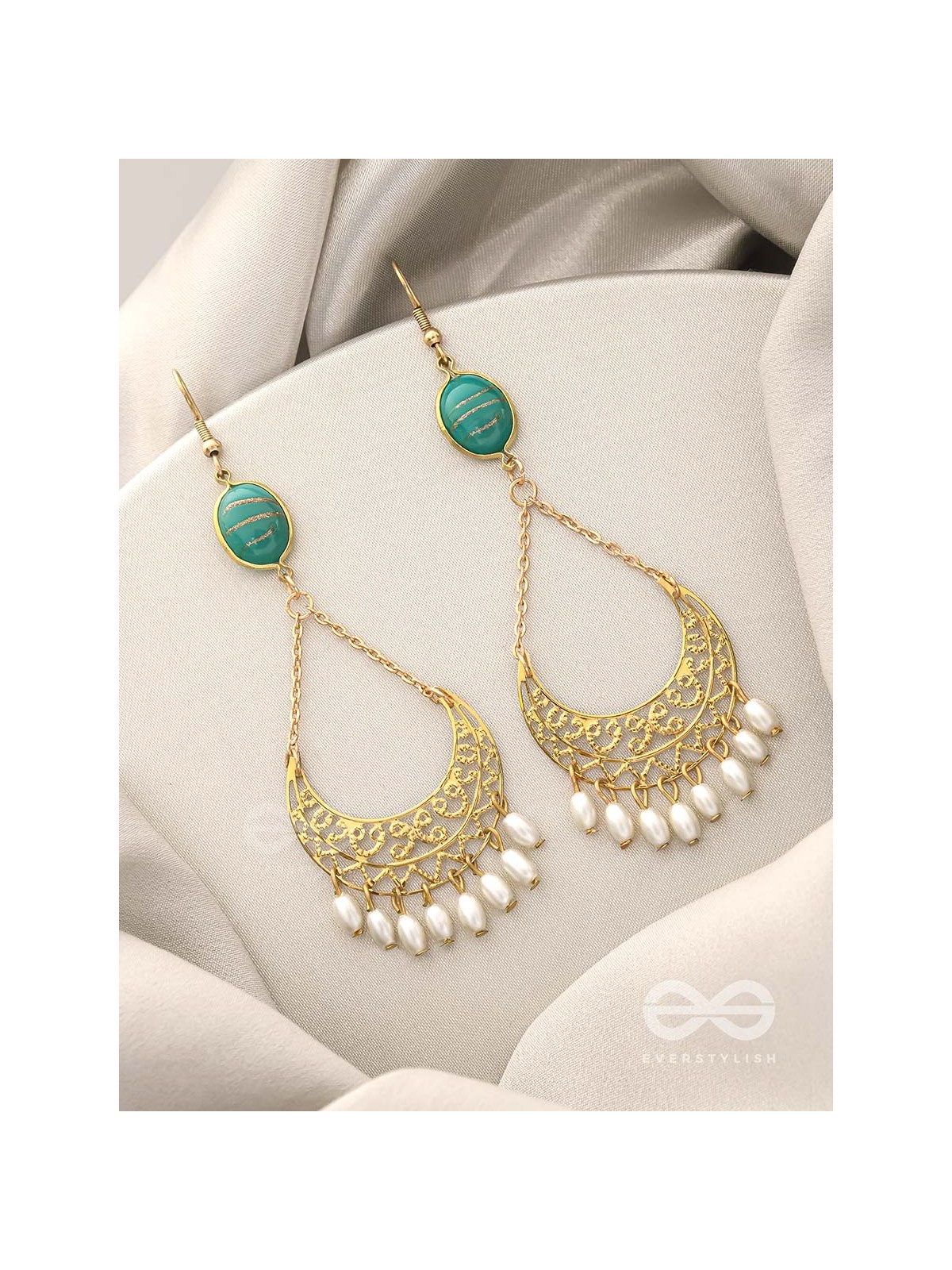 Over the Moon- Golden Stone and Pearls Earrings