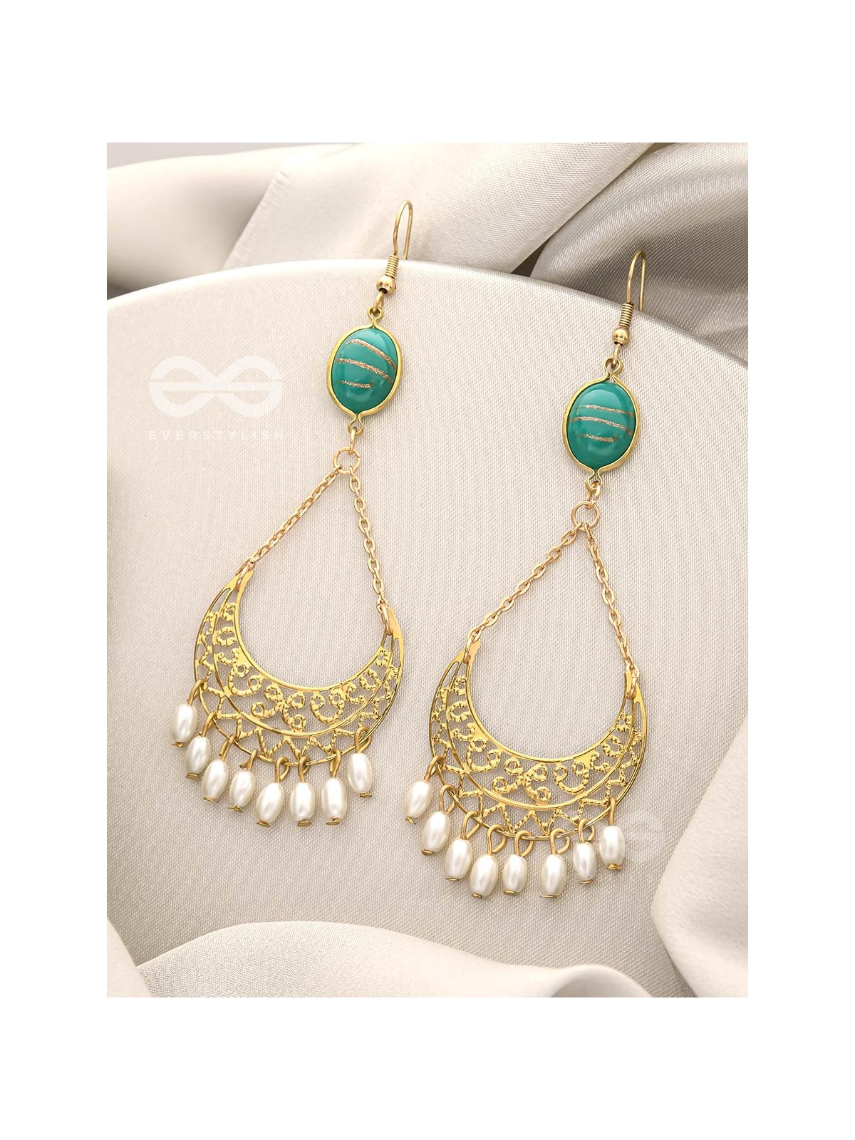 Over the Moon- Golden Stone and Pearls Earrings