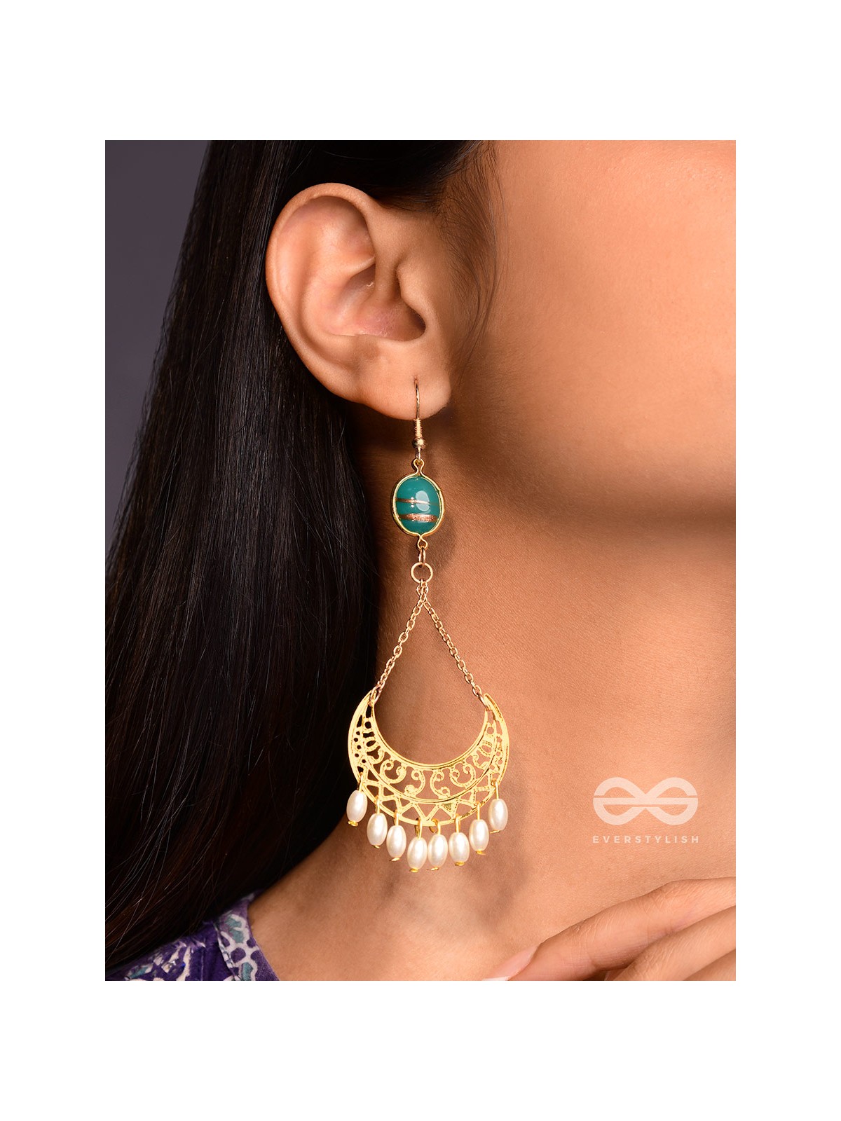 Over the Moon- Golden Stone and Pearls Earrings