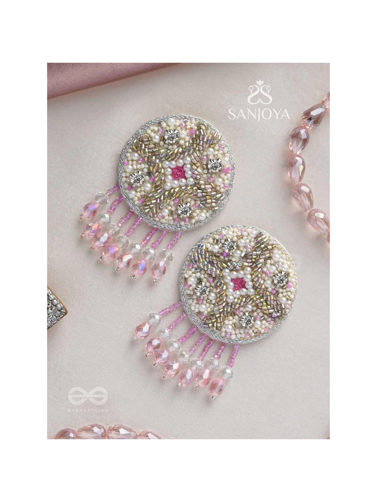Tarani- The Pink Allure- Pearl, Resham and Stones Embroidered Earrings