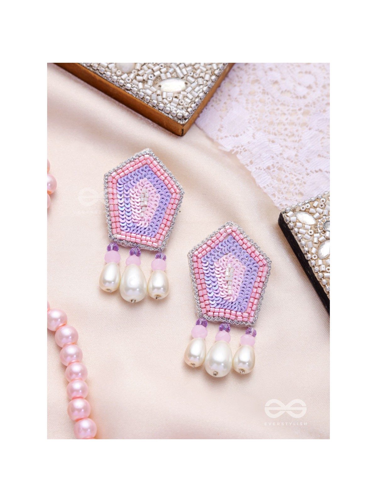 Abhedya- The Radiant Diamond- Sequins, Pearls and Glass Beads Embroidered Earrings (Rose Pink)
