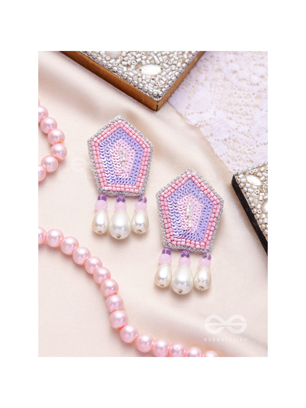 Abhedya- The Radiant Diamond- Sequins, Pearls and Glass Beads Embroidered Earrings (Rose Pink)