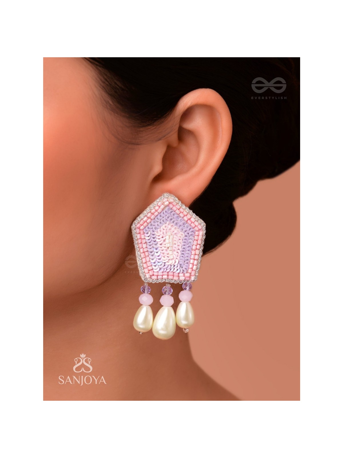 Abhedya- The Radiant Diamond- Sequins, Pearls and Glass Beads Embroidered Earrings (Rose Pink)
