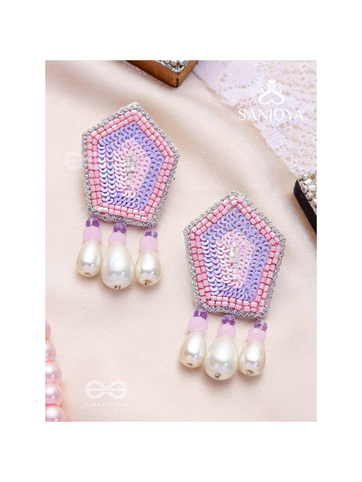 Abhedya- The Radiant Diamond- Sequins, Pearls and Glass Beads Embroidered Earrings (Rose Pink)