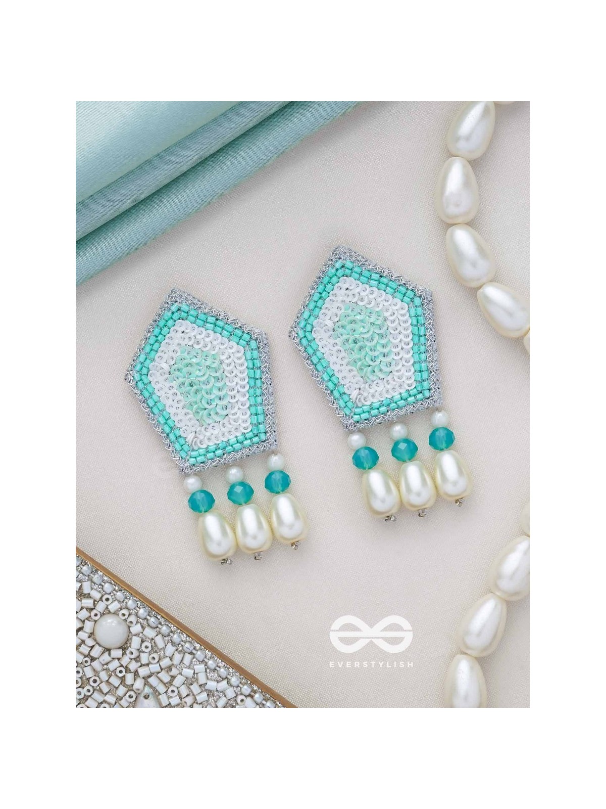 Avisha- The Blue Ocean- Sequins and Pearl Drops Embroidered Earrings