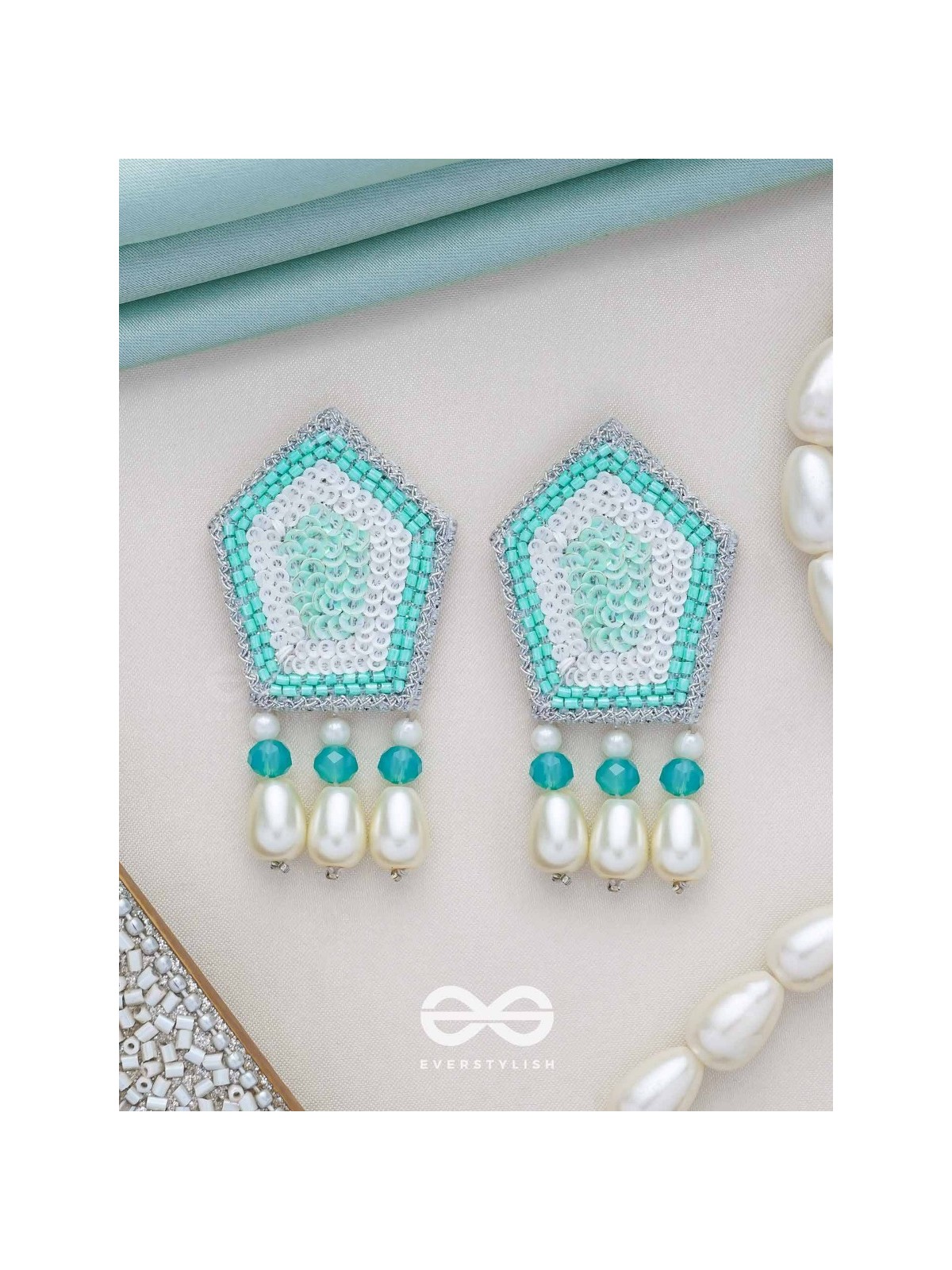 Avisha- The Blue Ocean- Sequins and Pearl Drops Embroidered Earrings
