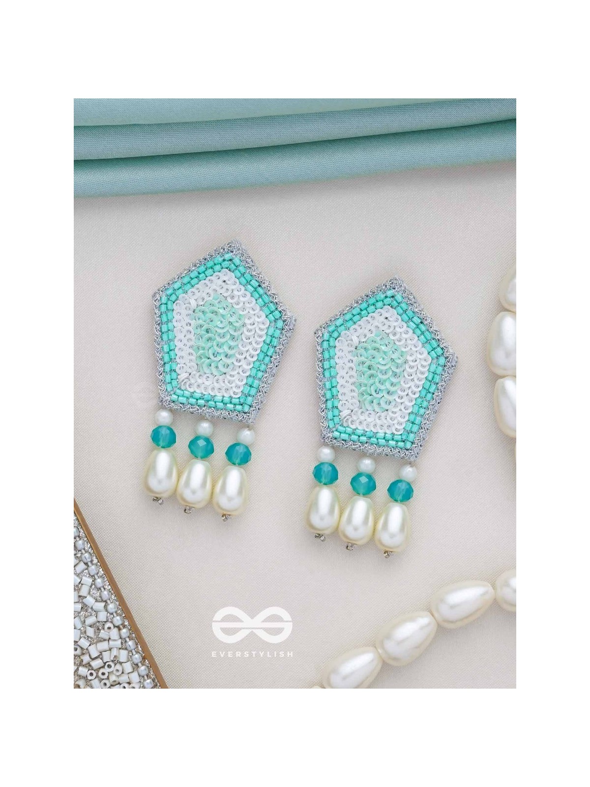 Avisha- The Blue Ocean- Sequins and Pearl Drops Embroidered Earrings