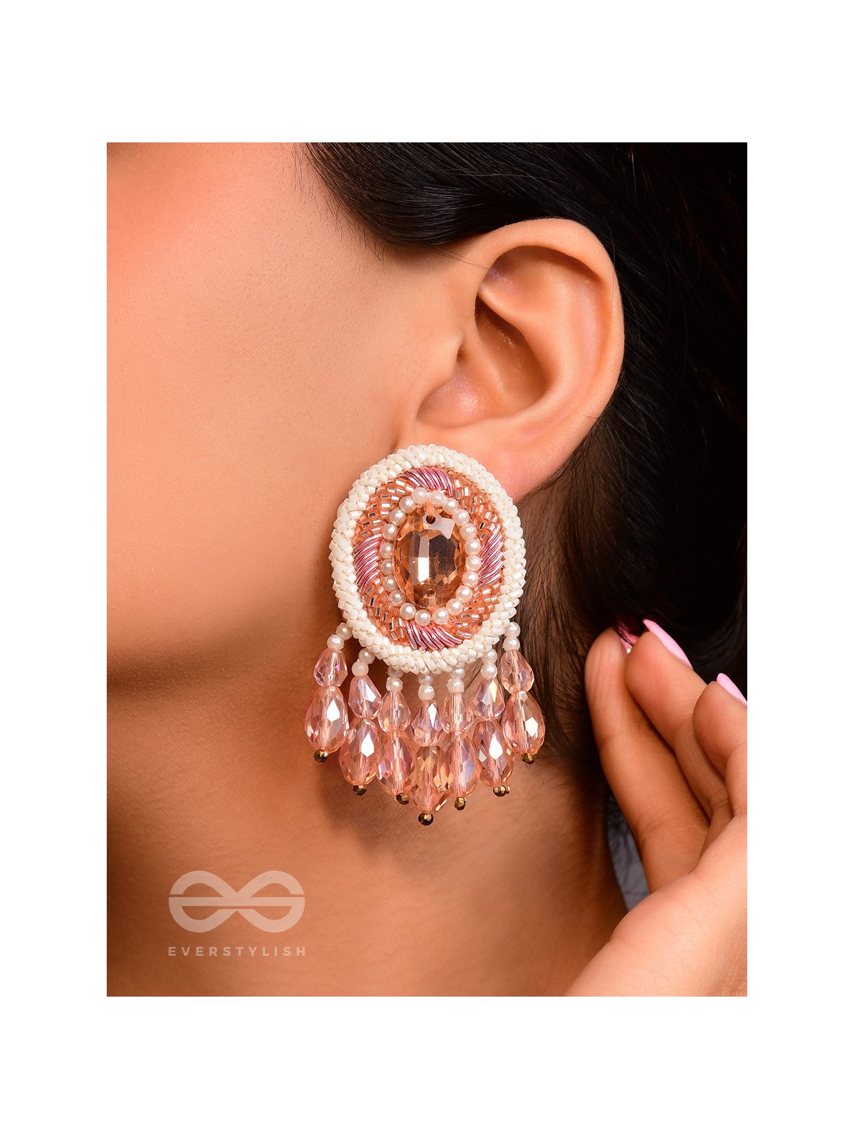 Praatika - The Pink Rose - Stone, Cutdana And Glass Drops Hand Embroidered Earrings