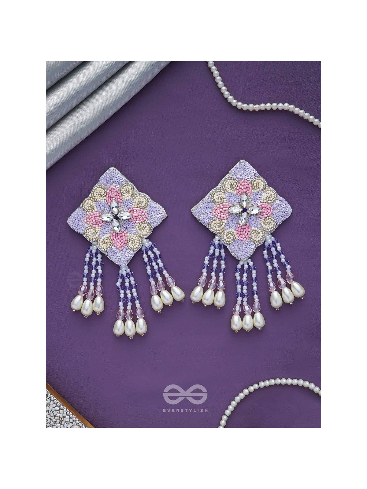 Chatushka- The Graceful Square- Sequins, Stones and Glass Beads Embroidered Earrings 