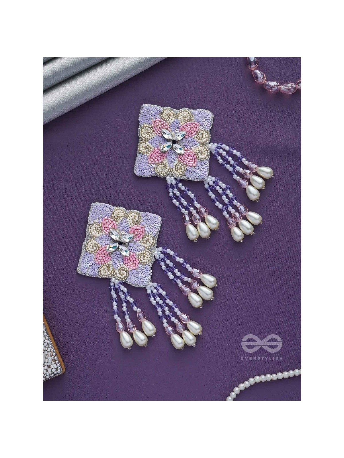 Chatushka- The Graceful Square- Sequins, Stones and Glass Beads Embroidered Earrings 