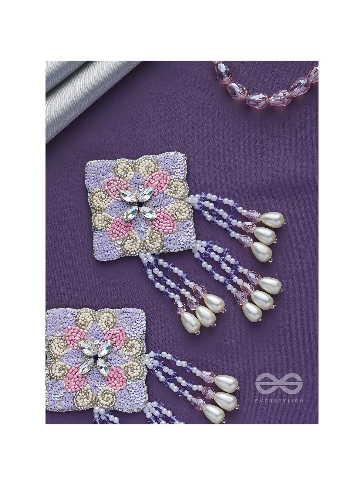 Chatushka- The Graceful Square- Sequins, Stones and Glass Beads Embroidered Earrings 