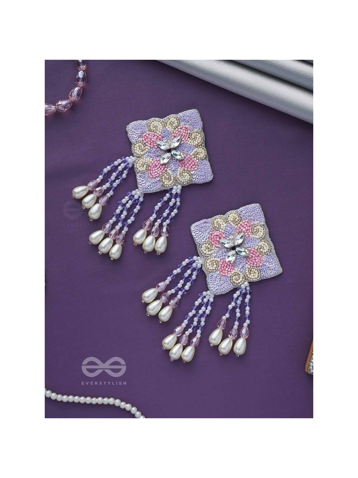 Chatushka- The Graceful Square- Sequins, Stones and Glass Beads Embroidered Earrings 