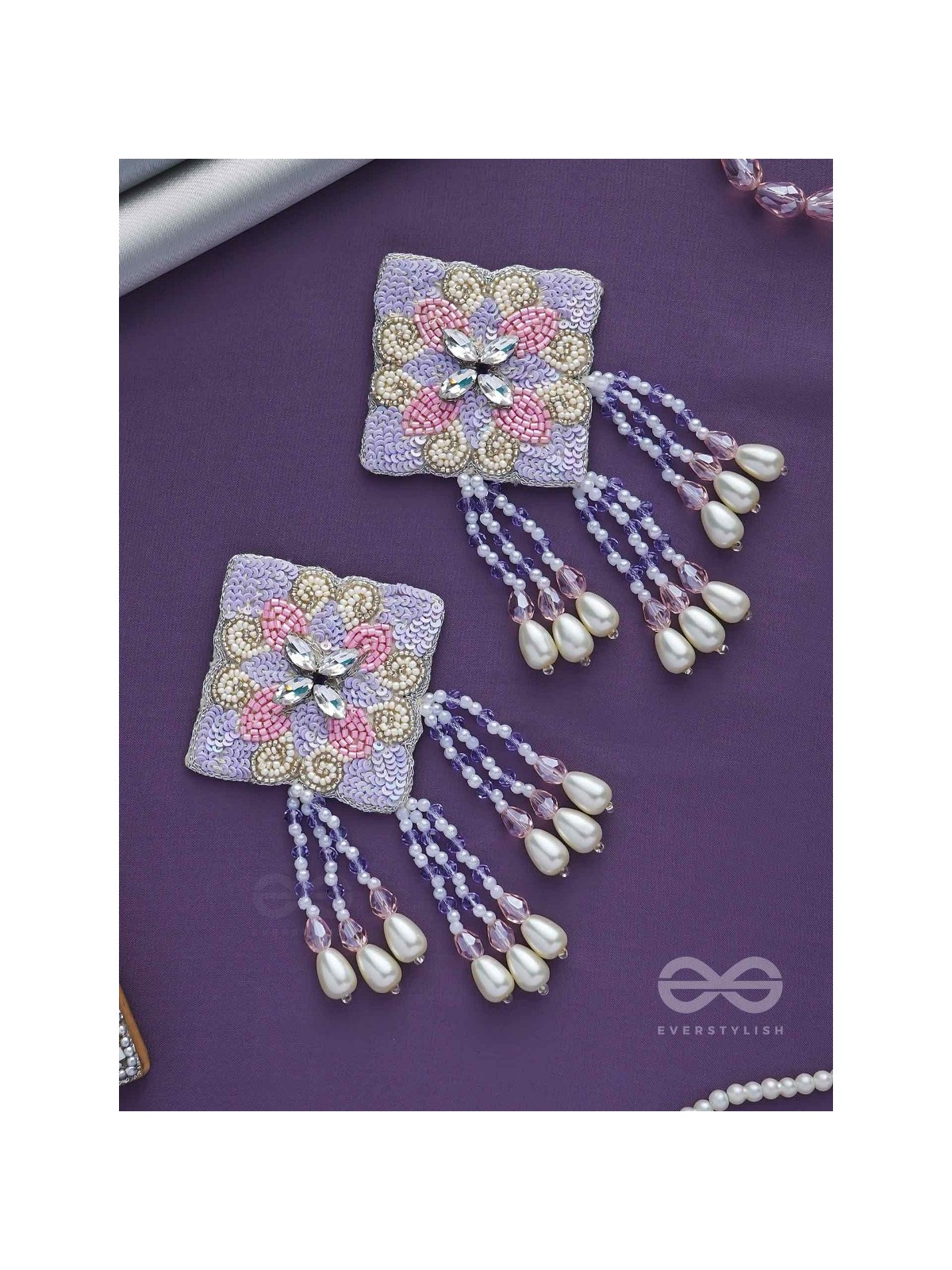 Chatushka- The Graceful Square- Sequins, Stones and Glass Beads Embroidered Earrings 
