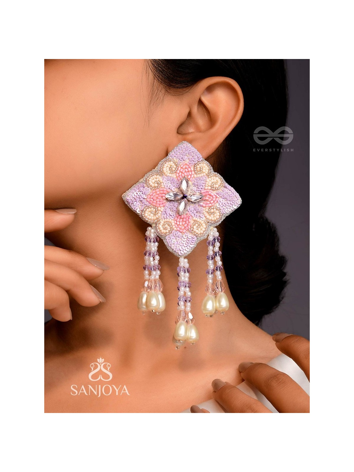Chatushka- The Graceful Square- Sequins, Stones and Glass Beads Embroidered Earrings 