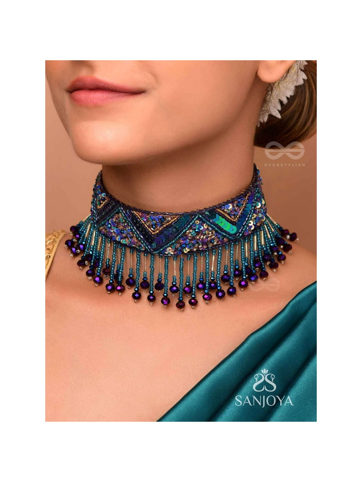 Sarvari - The Starry Night - Beads, Sequins And Cutdana Hand  Embroidered Choker Neckpiece