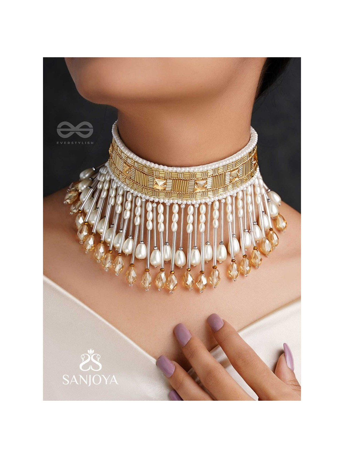 Anshumali- The Sunny Sky- Stones, Pearls and Glass Beads Embroidered Choker Necklace 