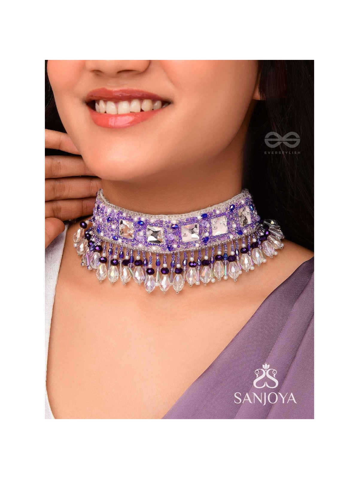 Abhramaya- The Cloudy Sky- Stones and Glass Beads Embroidered Choker Necklace 