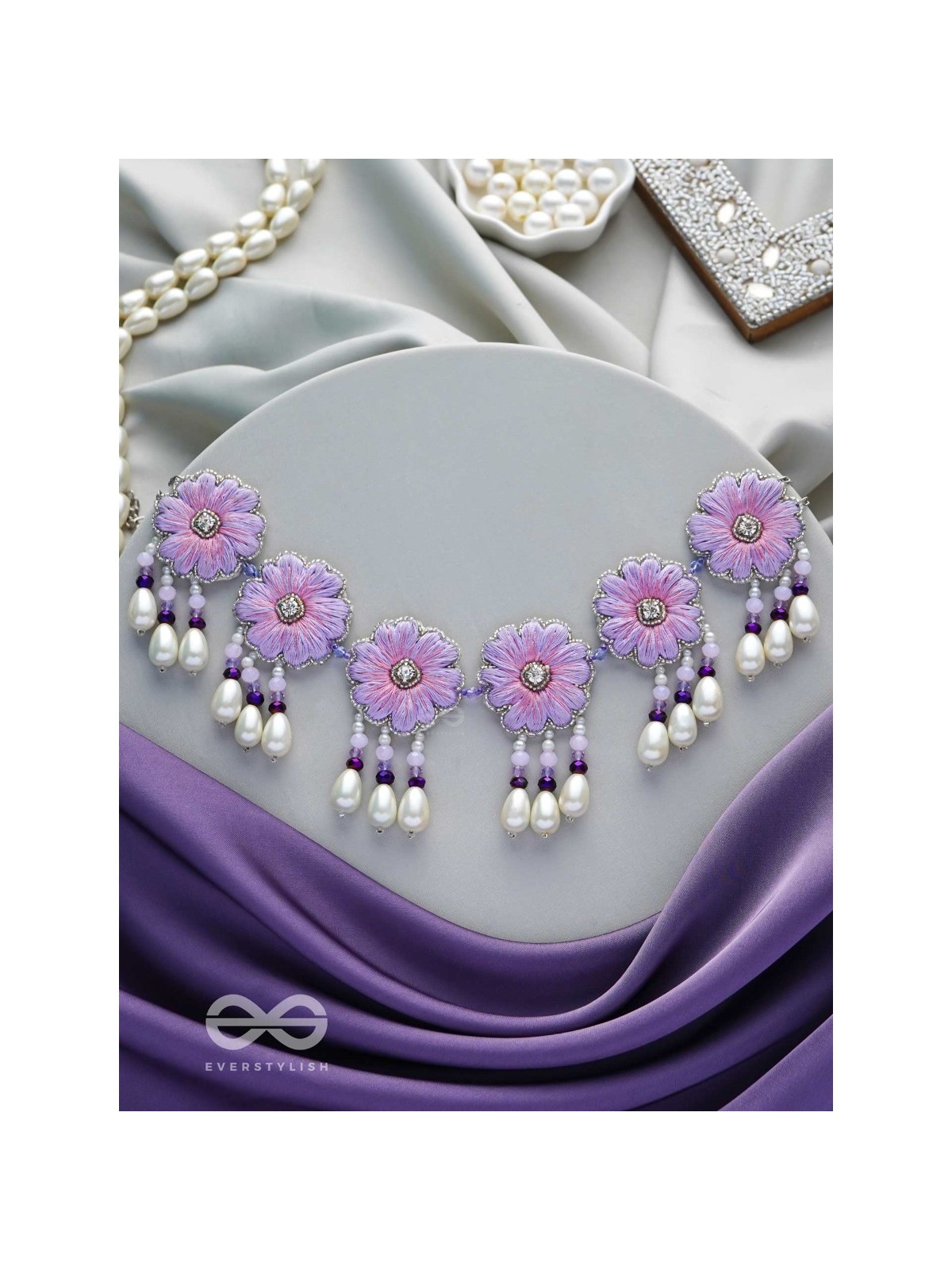 Tevana- The Pleasure Garden- Resham, Stones and Pearls Embroidered Choker Necklace 