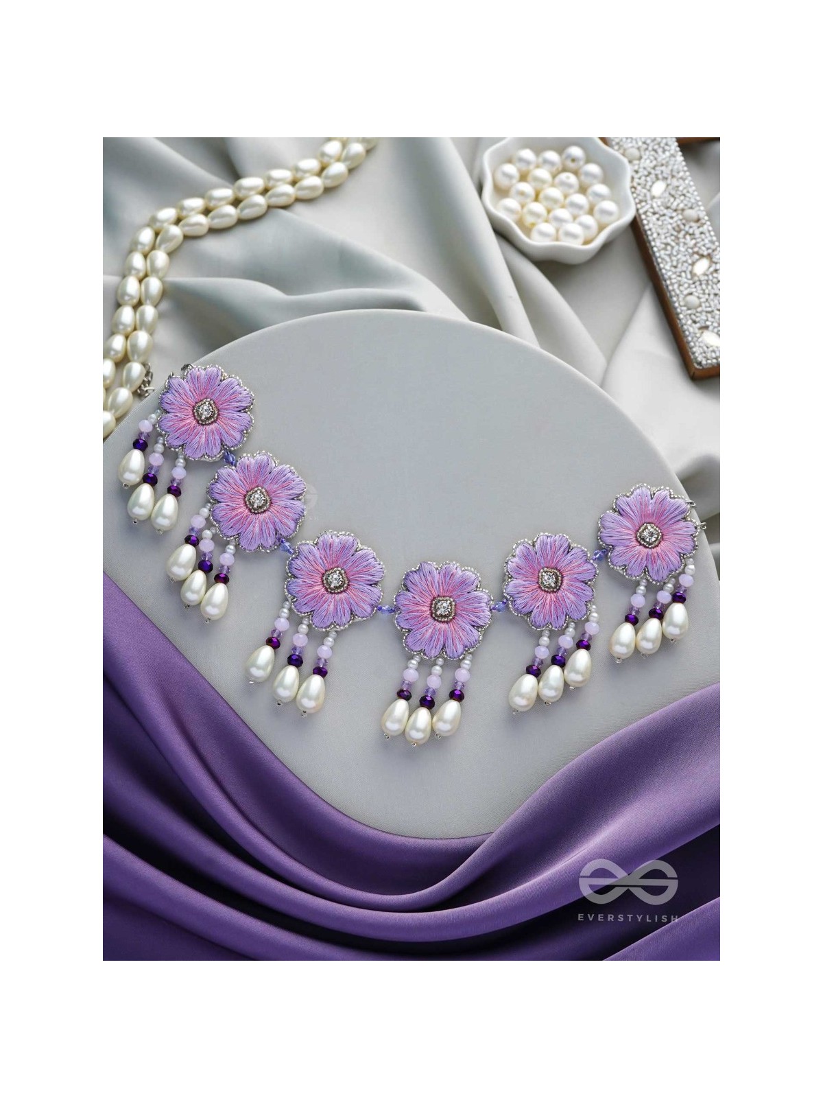 Tevana- The Pleasure Garden- Resham, Stones and Pearls Embroidered Choker Necklace 