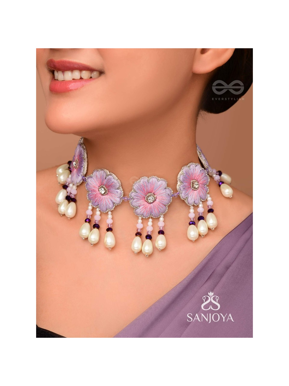 Tevana- The Pleasure Garden- Resham, Stones and Pearls Embroidered Choker Necklace 