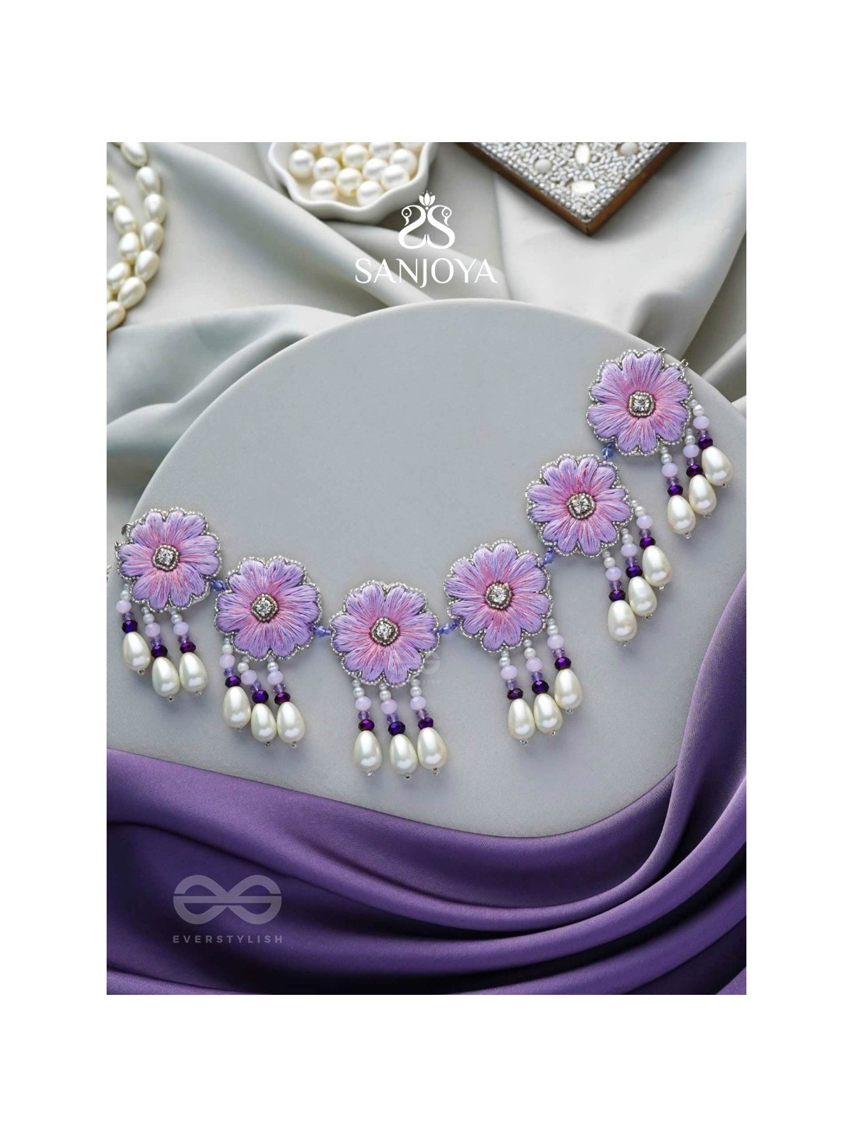 Tevana- The Pleasure Garden- Resham, Stones and Pearls Embroidered Choker Necklace 