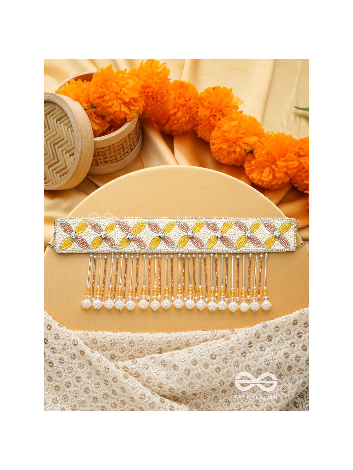 Ajathya- The Yellow Jasmine- Stones and Glass Beads Embroidered Choker Necklace