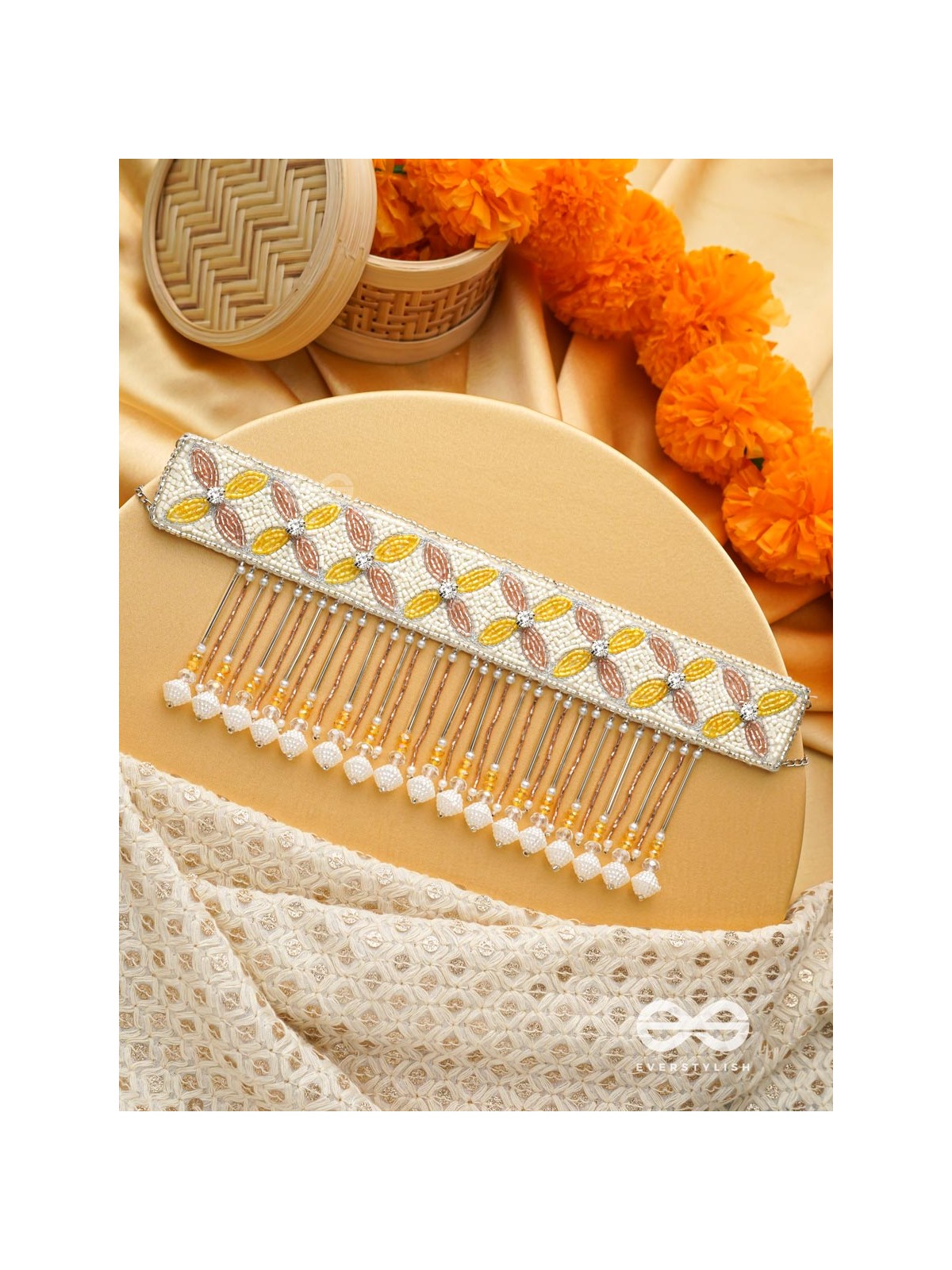 Ajathya- The Yellow Jasmine- Stones and Glass Beads Embroidered Choker Necklace