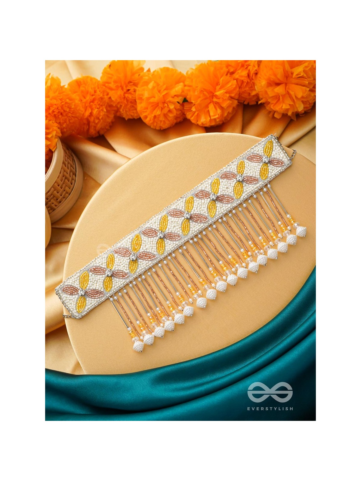 Ajathya- The Yellow Jasmine- Stones and Glass Beads Embroidered Choker Necklace