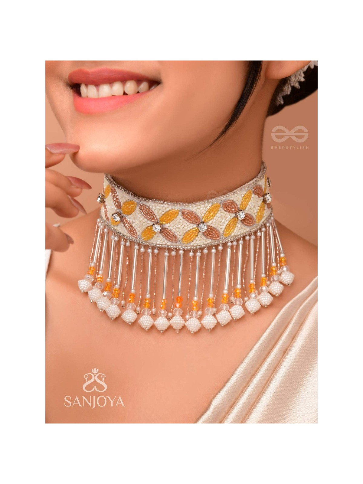 Ajathya- The Yellow Jasmine- Stones and Glass Beads Embroidered Choker Necklace