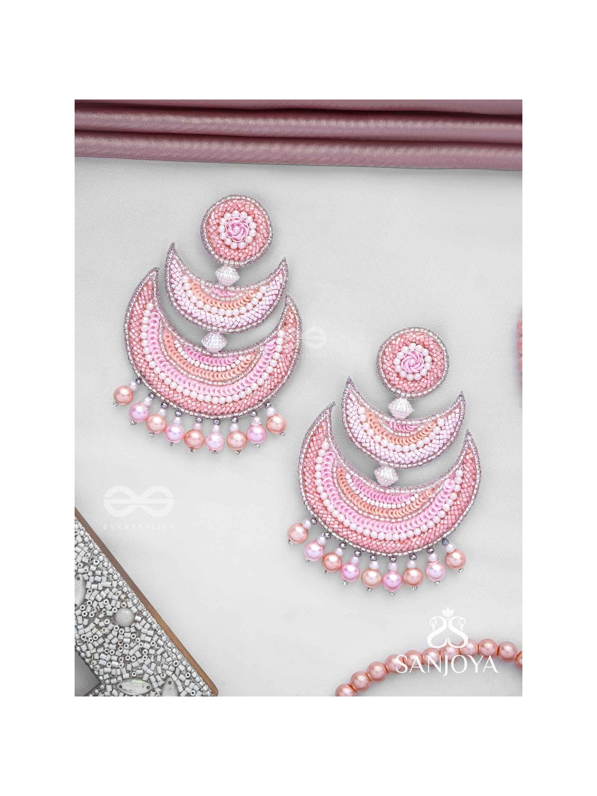 Sitasva - Dazzling Moons - Beads, Pearls And Sequins Hand Embroidered Earrings (Coral Pink)