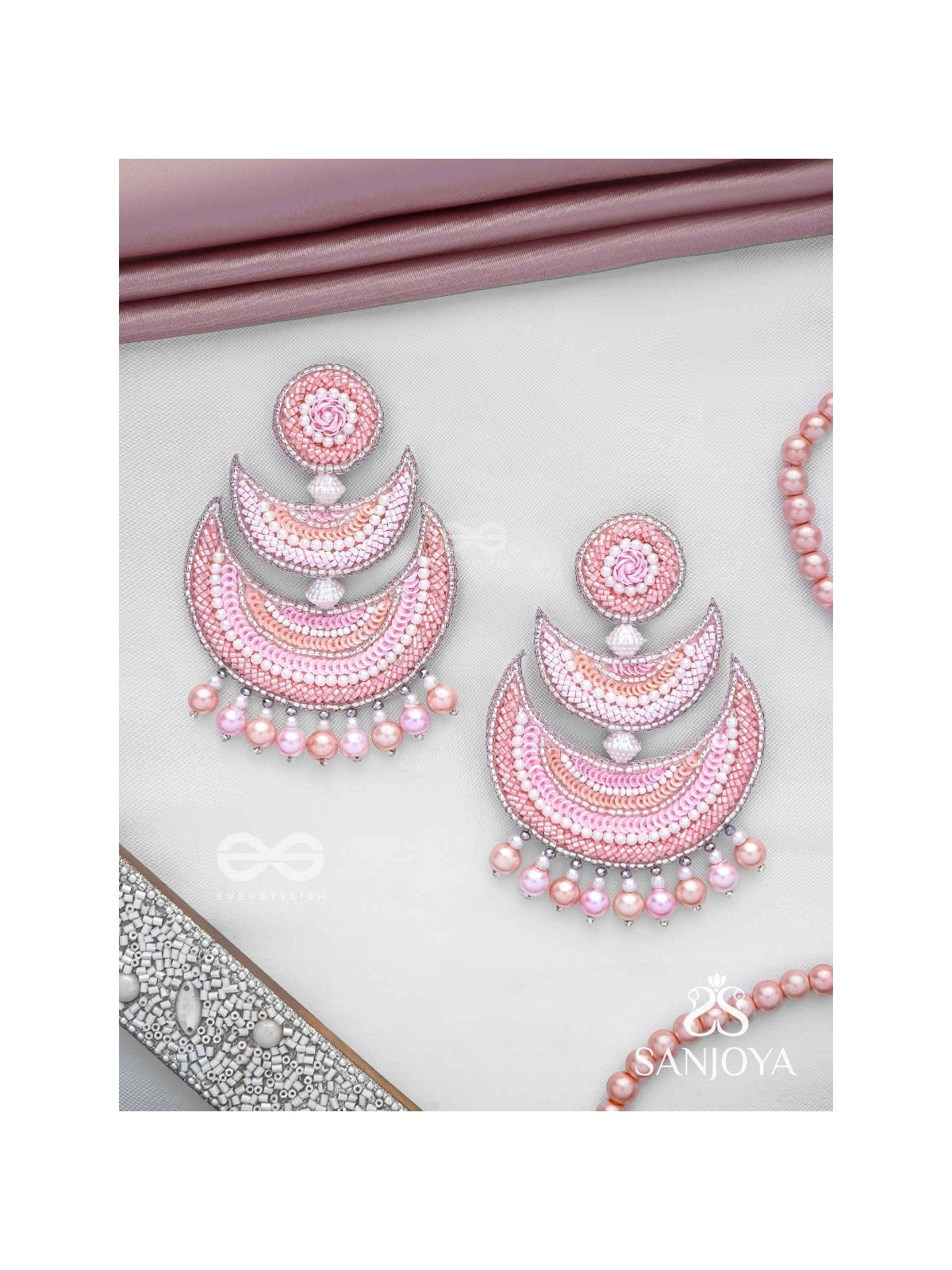 Sitasva - Dazzling Moons - Beads, Pearls And Sequins Hand Embroidered Earrings (Coral Pink)
