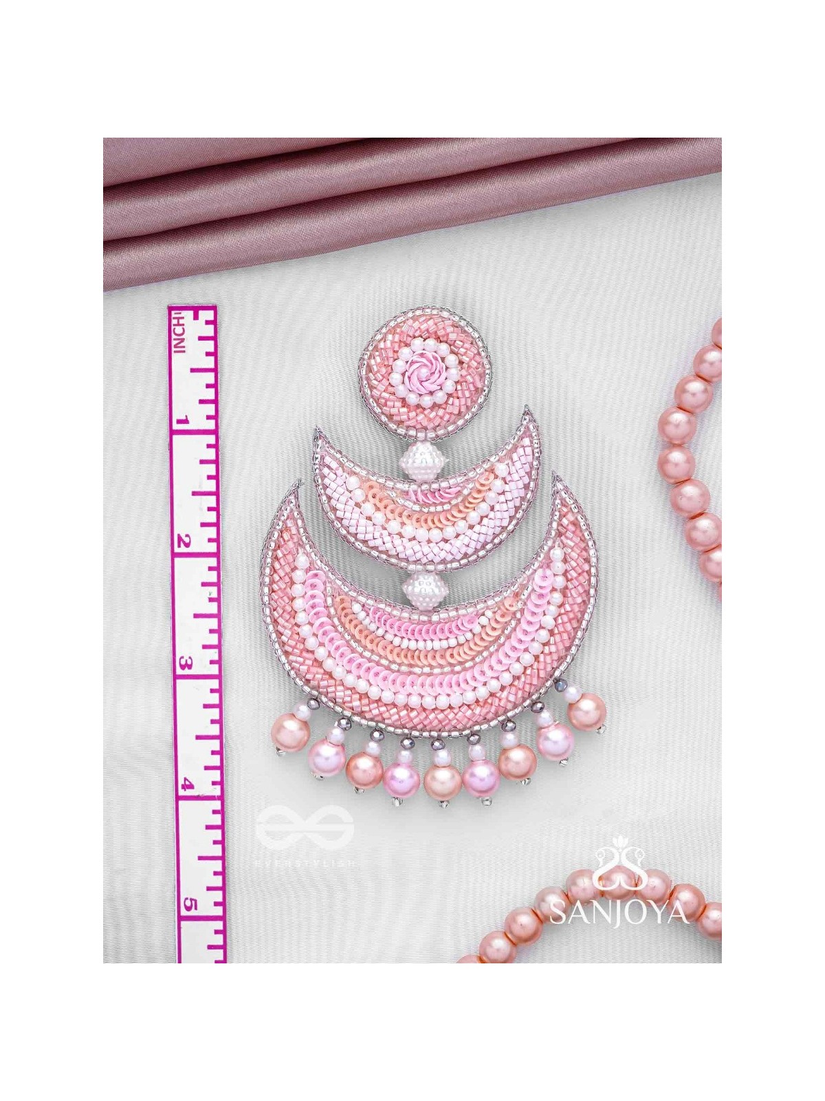 Sitasva - Dazzling Moons - Beads, Pearls And Sequins Hand Embroidered Earrings (Coral Pink)