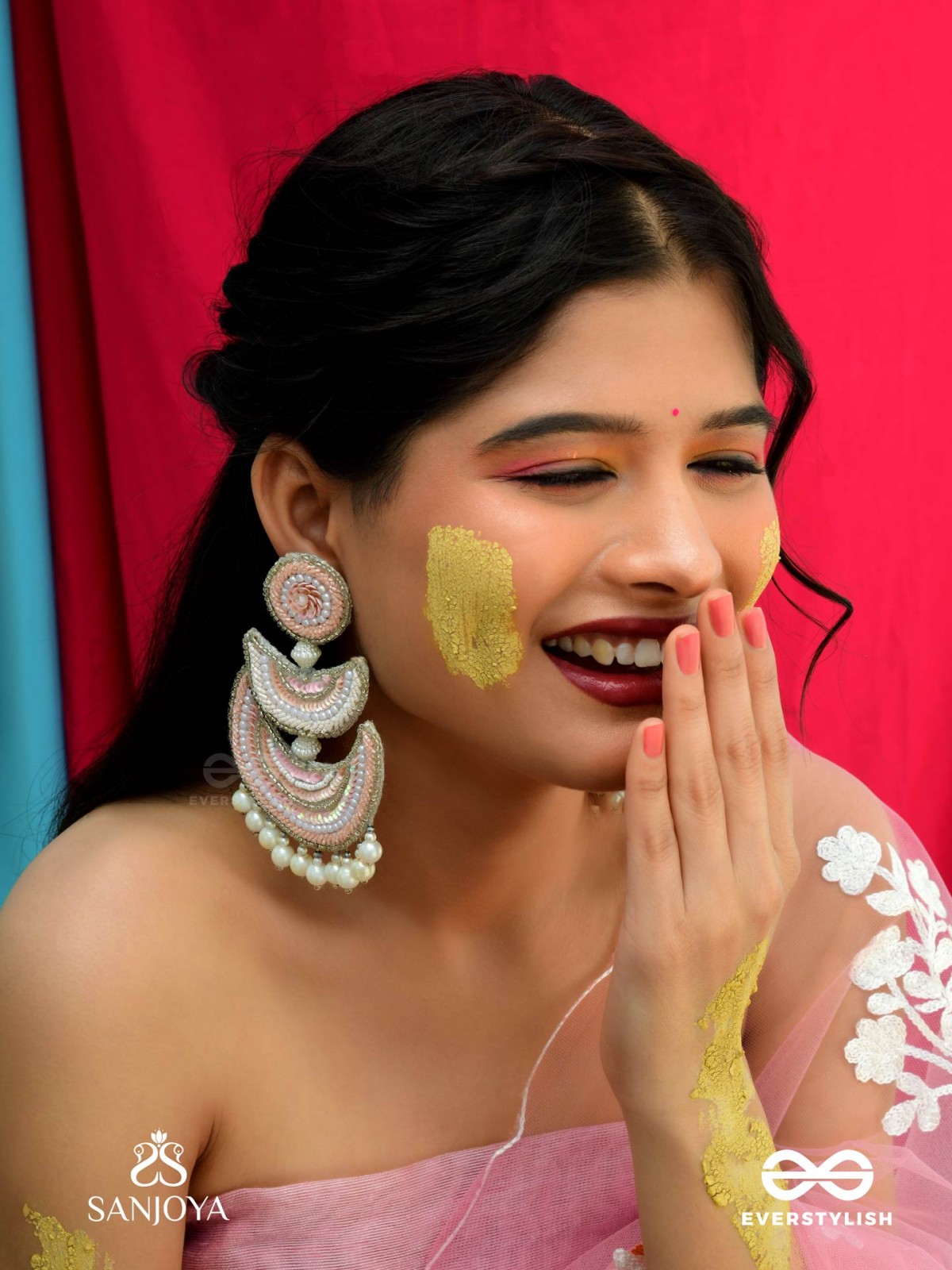 Sitasva - Dazzling Moons - Beads, Pearls And Sequins Hand Embroidered Earrings (Coral Pink)