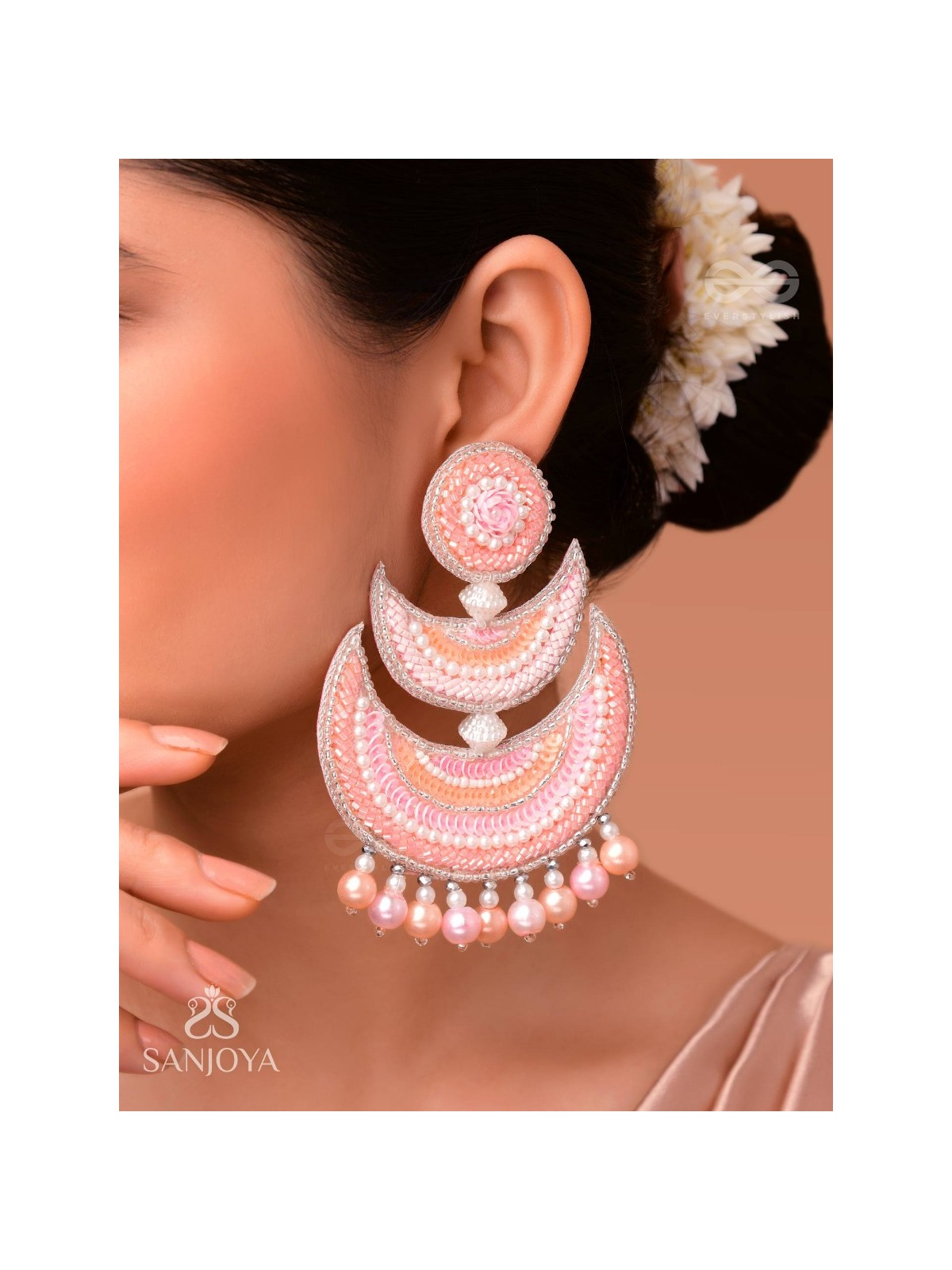 Sitasva - Dazzling Moons - Beads, Pearls And Sequins Hand Embroidered Earrings (Coral Pink)