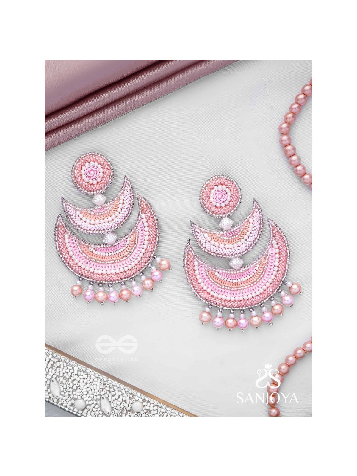 Sitasva - Dazzling Moons - Beads, Pearls And Sequins Hand Embroidered Earrings (Coral Pink)