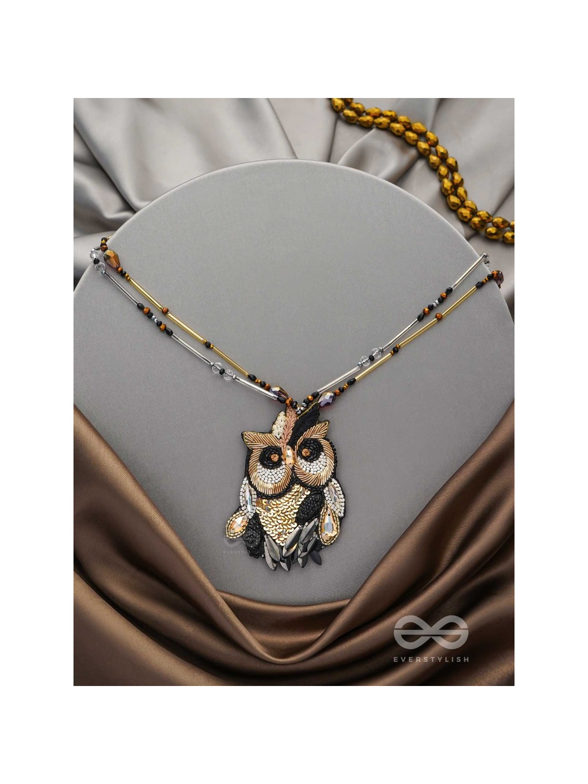 Shakuneya - The Owl King -  Sequins And Cutdana Hand Embroidered Necklace (Ebony Black And Golden)