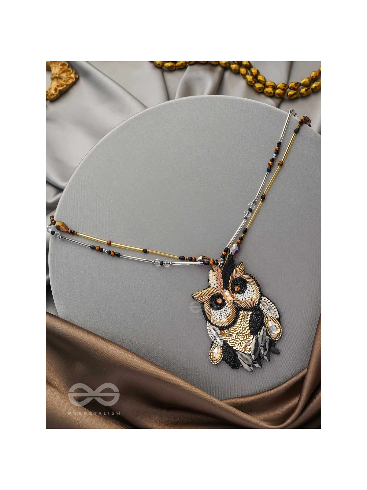 Shakuneya - The Owl King -  Sequins And Cutdana Hand Embroidered Necklace (Ebony Black And Golden)