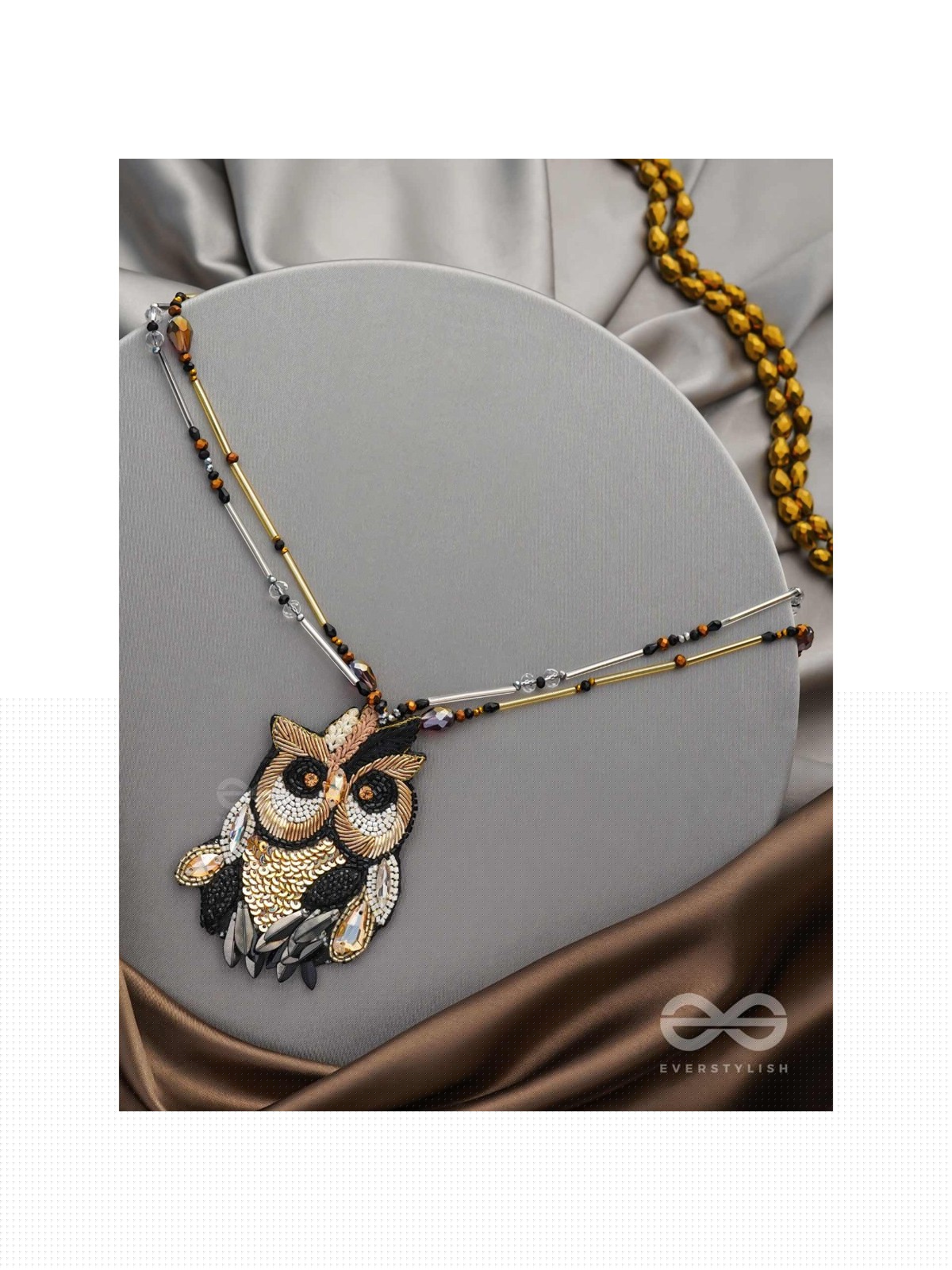 Shakuneya - The Owl King -  Sequins And Cutdana Hand Embroidered Necklace (Ebony Black And Golden)