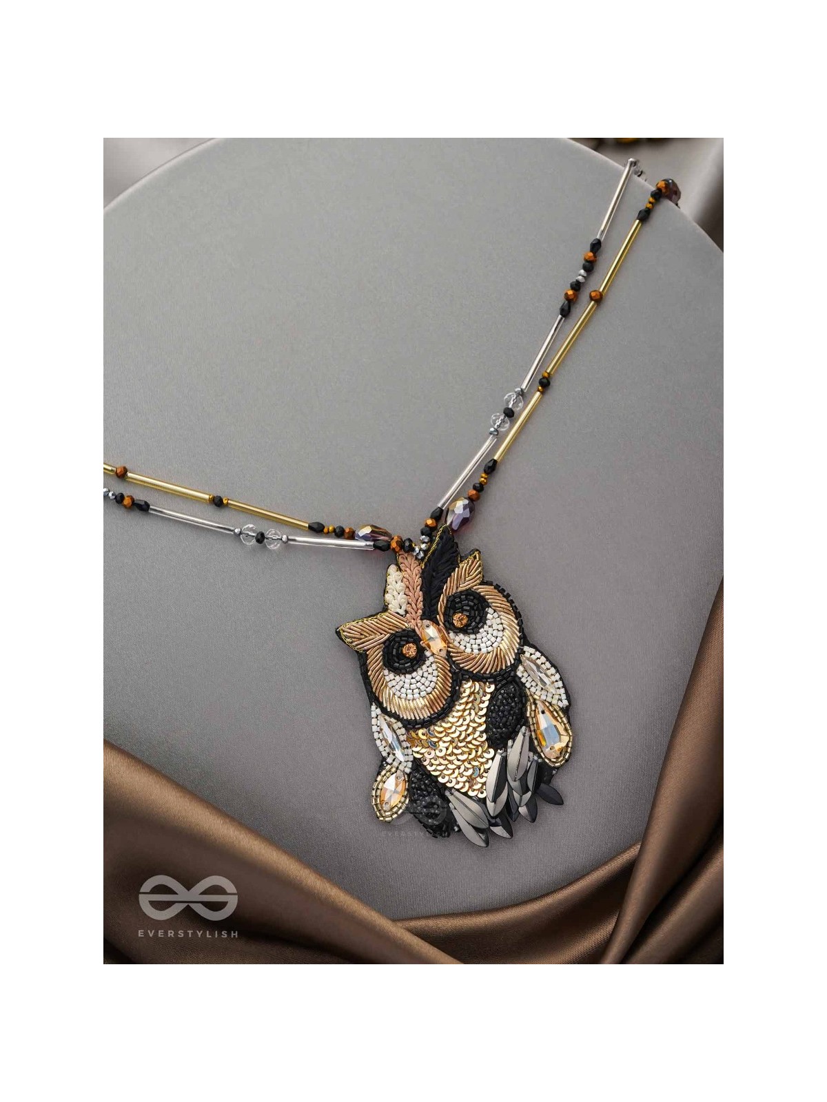 Shakuneya - The Owl King -  Sequins And Cutdana Hand Embroidered Necklace (Ebony Black And Golden)